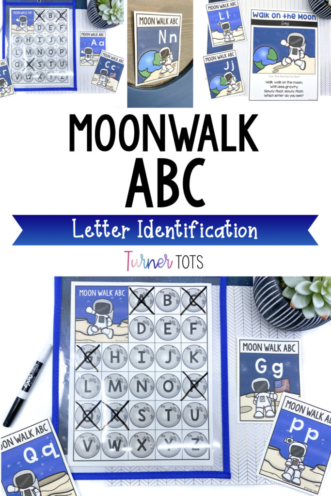 Moonwalk ABC includes a recording sheet with lettered moons and cards hidden around the room for preschoolers to find with this space literacy activity.