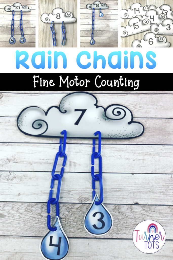 This weather math activity includes numbered clouds with linking chains hooked on to show the number. The numbered raindrops at the bottom incorporate number bonds for each of these rain chains to use as a weather math center.