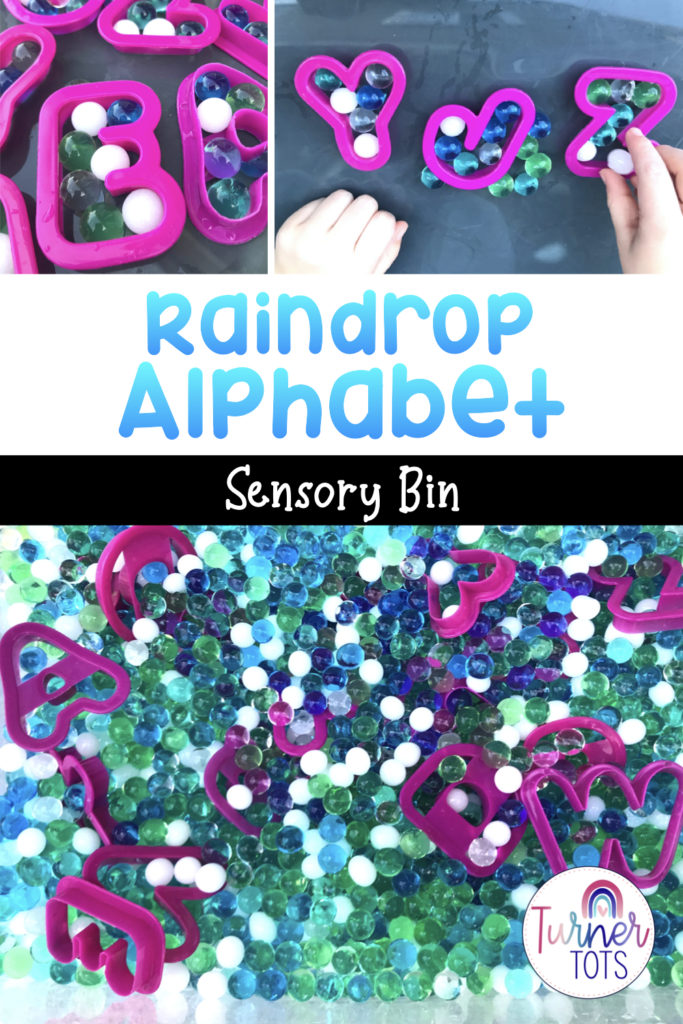 This sensory bin includes water beads and alphabet cookie cutters for preschoolers to drop water beads into, creating letters while working on fine motor skills during a weather preschool theme.