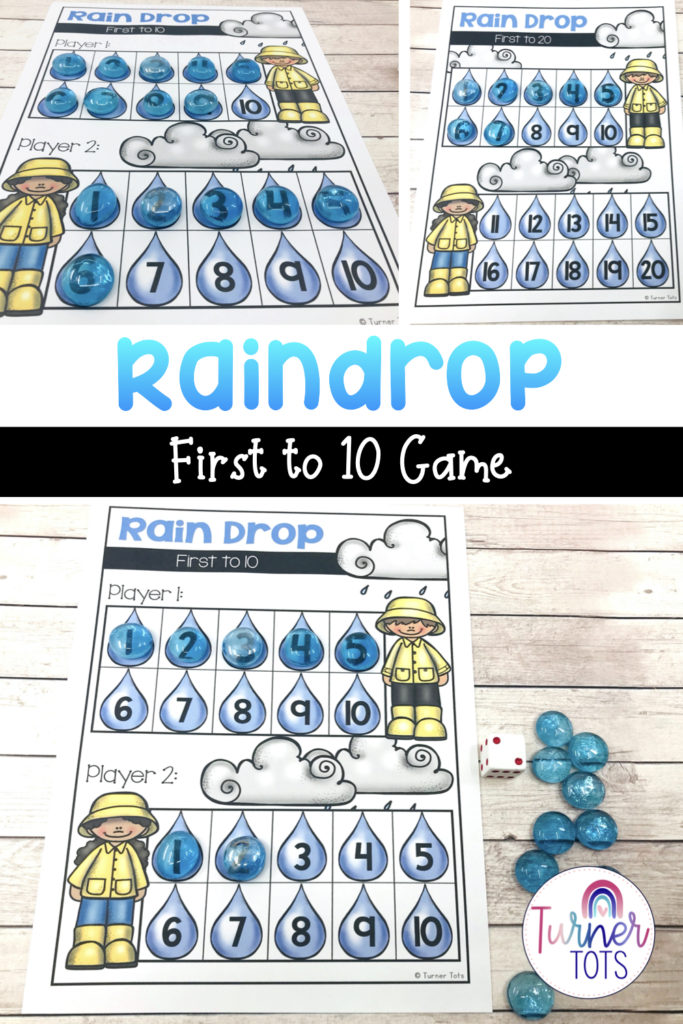 This math game includes numbered raindrop mats for students to keep score. Roll a die and add the gems to be the first to ten or twenty with this weather math game.