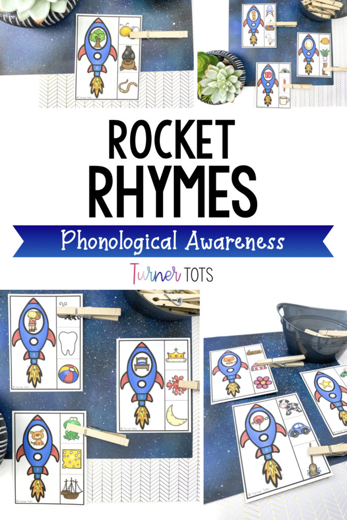 Rocket Rhymes includes cards with rockets. Inside the rockets are pictures that preschoolers find the rhyming word for on the right side and clip a clothespin onto the rhyming word with this space activity for preschoolers.