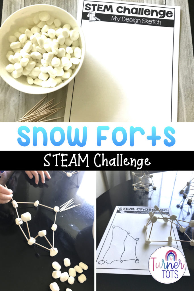 This snow fort STEAM challenge includes a bowl of marshmallows, toothpicks, and a design grid for preschoolers or kindergarteners to build a snow fort and draw a picture of their design. Can be used during a winter theme or weather preschool theme.