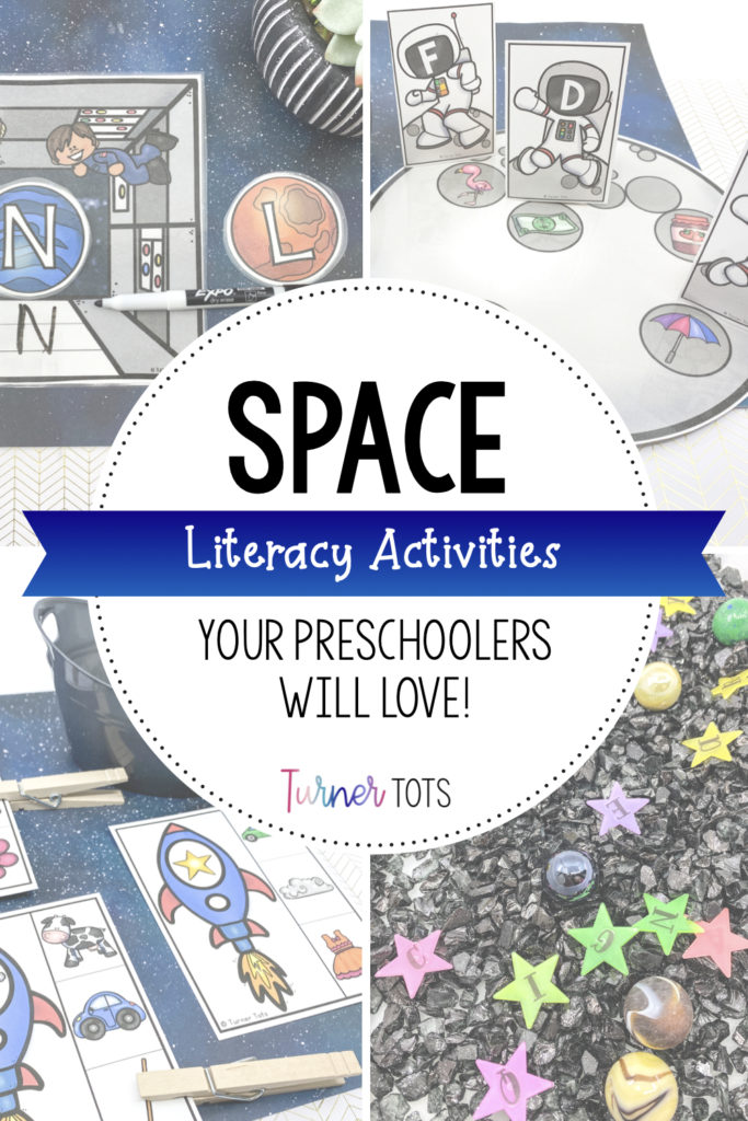 Space literacy activities with background pictures of lettered planets, moon craters with initial sound pictures, rocket rhyming words, and glow-in-the-dark stars with letters in a bin full of black rocks.