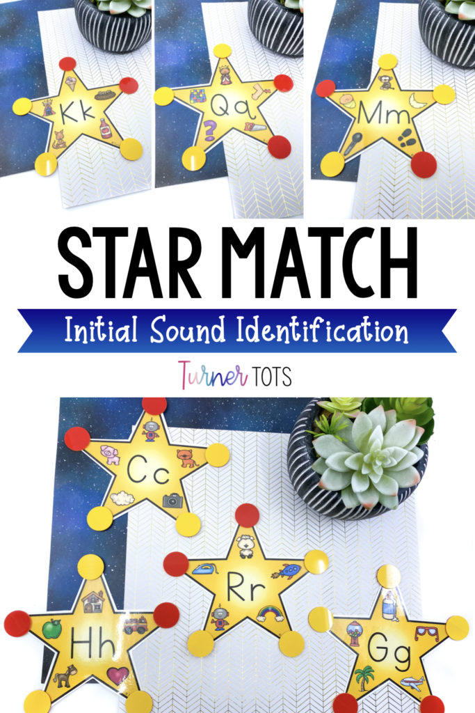 Star Match Initial Sounds activity includes initial sound pictures in the five points of a star. Preschoolers use chips or clothespins to mark the pictures that begin with the letter in the center of the star with this space learning activity.
