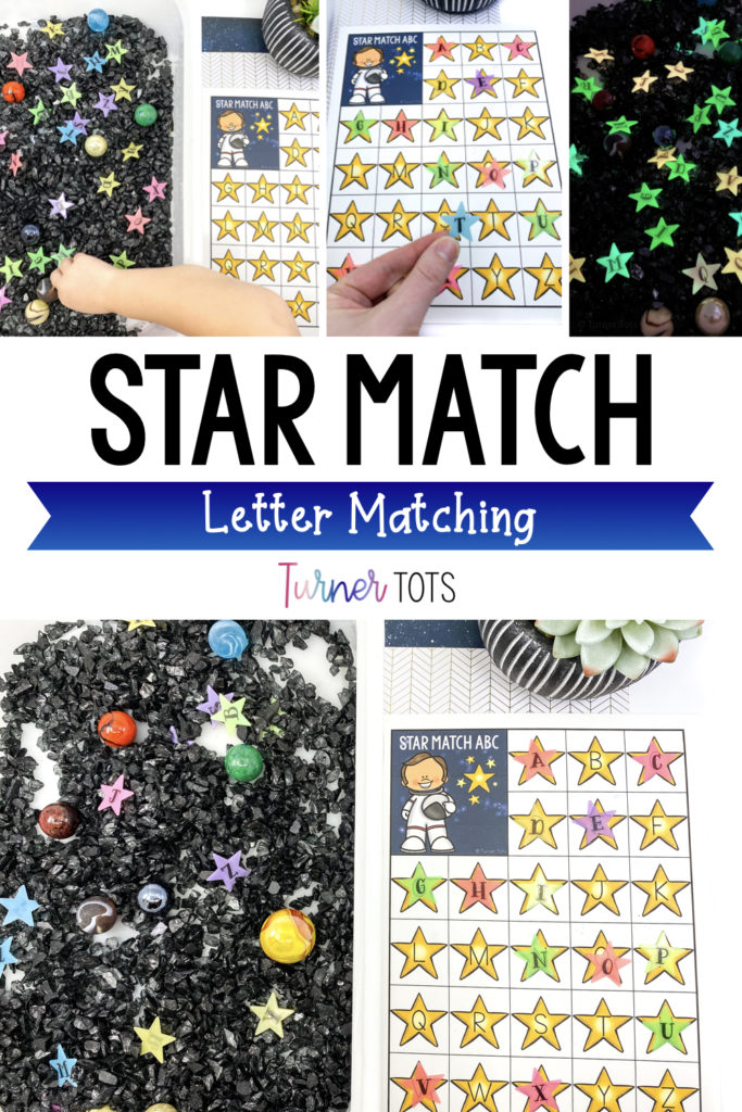 Star Match Letter Matching includes a sensory bin full of black rocks, marble planets, and lettered glow-in-the-dark stars for preschoolers to match to the alphabet recording sheet. Used during a space preschool theme.