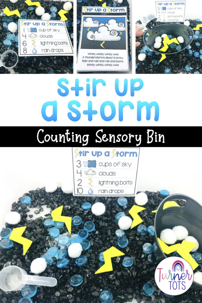 This weather counting sensory bin includes recipe cards for the perfect storm, including how many cups of sky, clouds, lightning bolts, and rain drops to add to a small tub. Preschoolers count the ingredients (black rocks, white pompoms, foam lightning bolts, and blue gems) with this weather math activity for preschoolers.