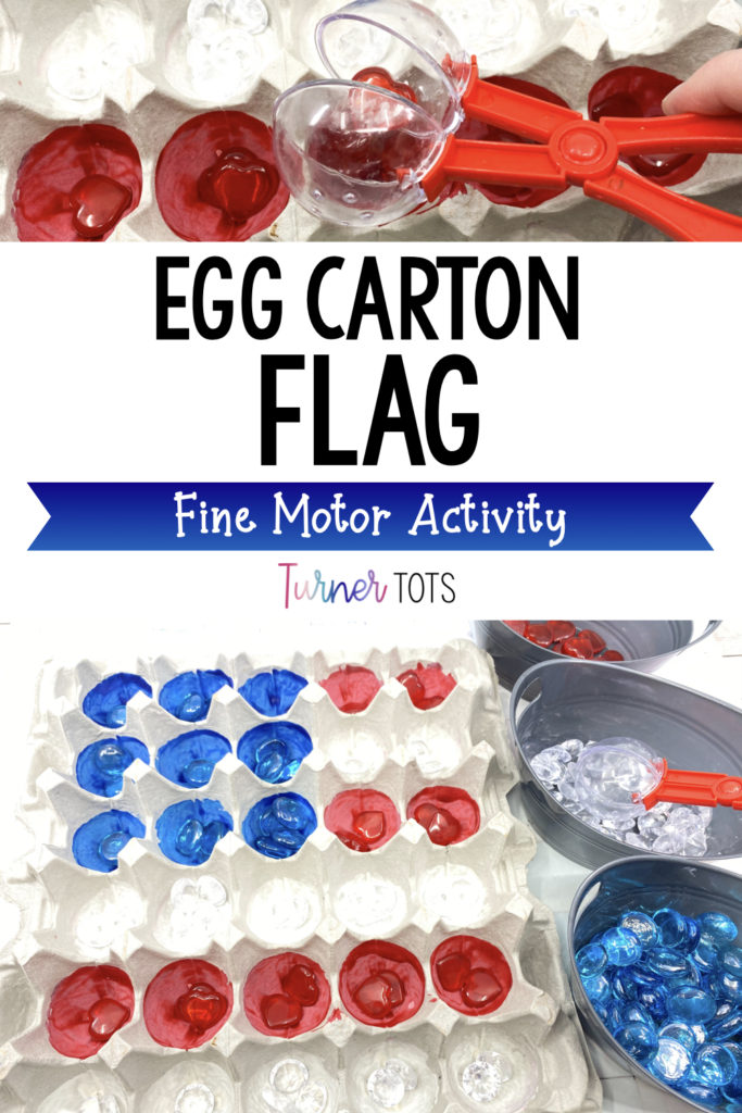 A large egg carton painted to look like a flag for preschoolers to sort red, white, and blue gems into using bug catcher tongs. Perfect way to work on fine motor skills during a USA preschool theme.