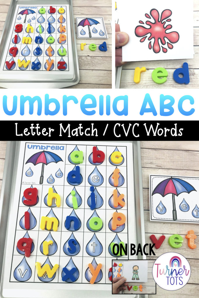 Umbrella ABC includes a letter mat with lettered raindrops. Preschoolers draw a card, find the magnetic letters on the board, and check the CVC word on the back with this weather literacy activity for preschool.