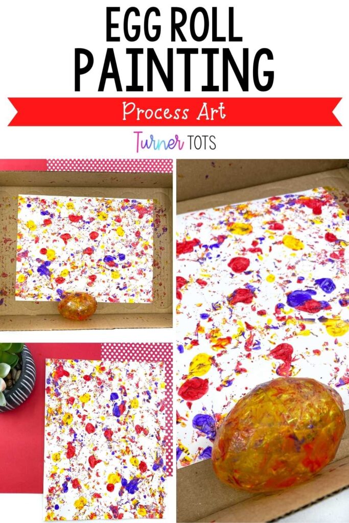 Egg roll painting with an egg and spattered paint in a cardboard box. Preschoolers roll the egg around to create a speckled painting as one of our farm art activities for preschoolers.