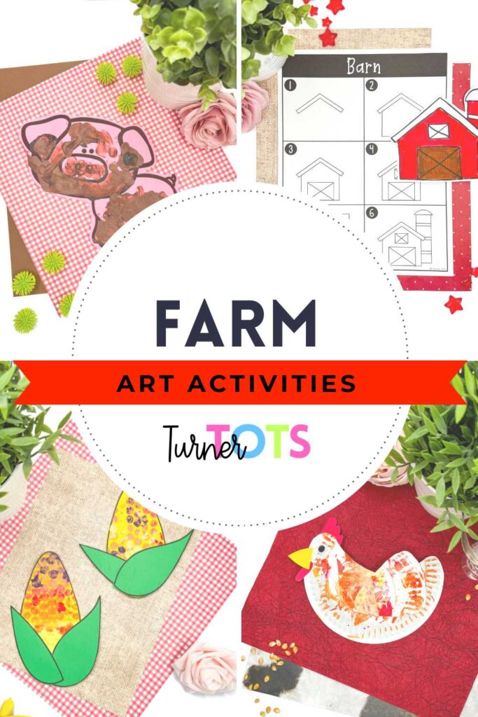 Farm art activities for preschoolers with a muddy pig painting, farm directed drawings, an egg rolling process art painting, and corn crafts.