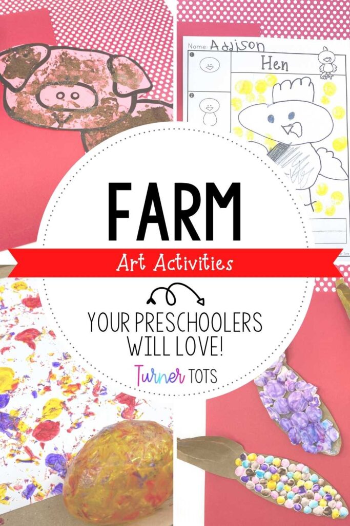 Farm art activities for preschoolers with a muddy pig painting, farm directed drawings, an egg rolling process art painting, and painted clay corns.