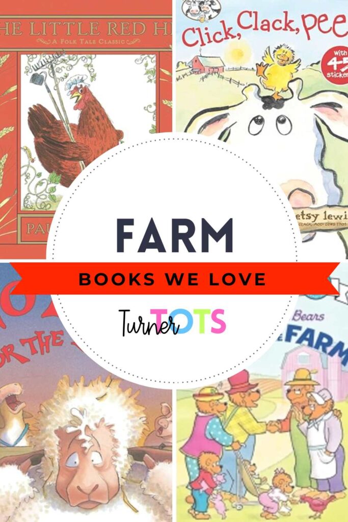 Farm books for preschoolers such as Berenstain Bears Down on the Farm by Stan & Jan Berenstain, Click, Clack, Peep! by Doreen Cronin and Betsy Lewin, No Sleep for the Sheep by Karen Beaumont, and The Little Red Hen by Paul Galdone.