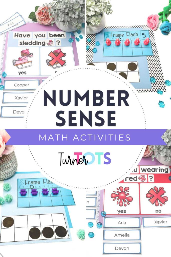 Number sense activities for preschoolers include question of the day for counting and graphing, and frame flash for subitizing and ten frames.