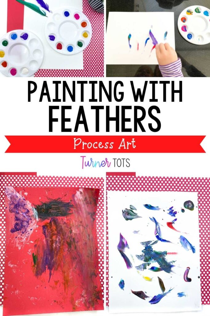 Painting with feathers includes various paints for toddlers to use to paint with feathers instead of paintbrushes as one of our farm art activities.
