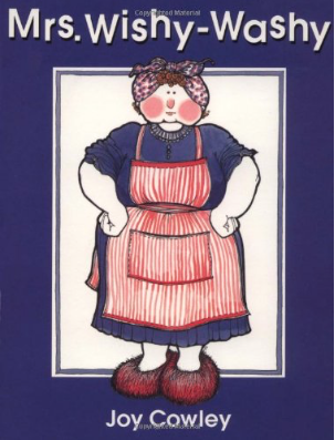 Mrs. Wishy-Washy by Joy Cowley includes an illustrated cover of a woman with an apron and her hands on her hips.