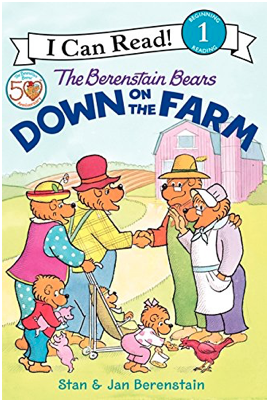 Berenstain Bears Down on the Farm by Stan & Jan Berenstain includes an illustrated cover of a bear family shaking the hands of a farm in front of a barn.