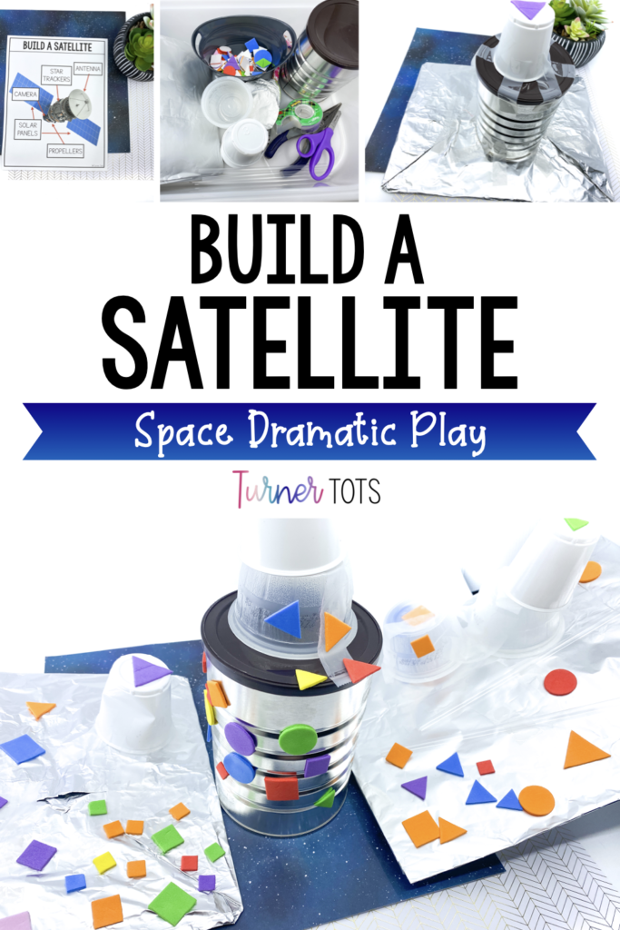 STEM Satellite challenge in which preschoolers built a satellite out of recycled materials and foam shape stickers.
