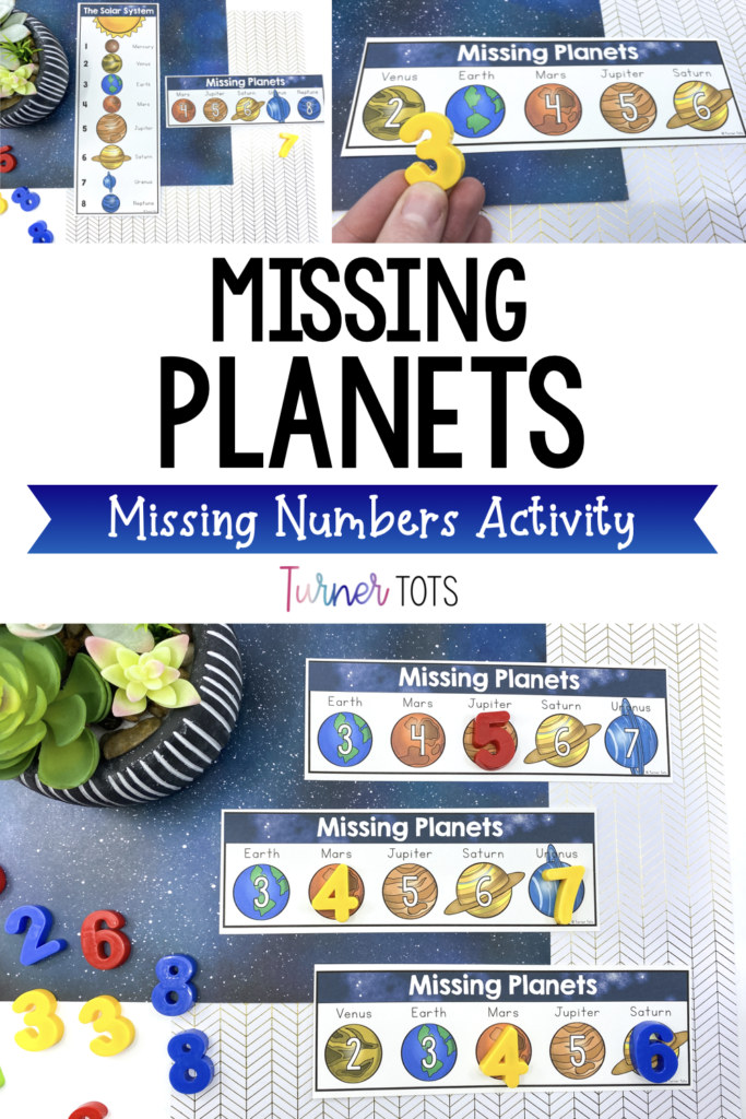 Missing planets includes cards with numbered planets, but some of the planets are missing numbers for preschoolers or kindergarteners to fill in as one of our math space activities for preschoolers.
