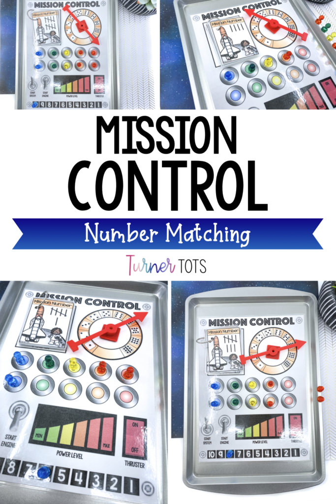 Mission Control Math Board for space dramatic play station. Comes with mission numbers in tally marks, a dice dial, ten frame buttons, and a countdown to incorporate math through play during a space preschool theme.