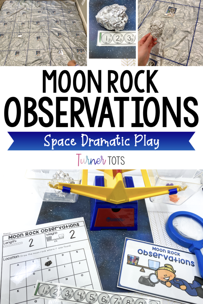Aluminum foil moon rocks found on a silver grid with lettered astronauts for preschoolers to weigh, measure, and record in a space station dramatic play center.