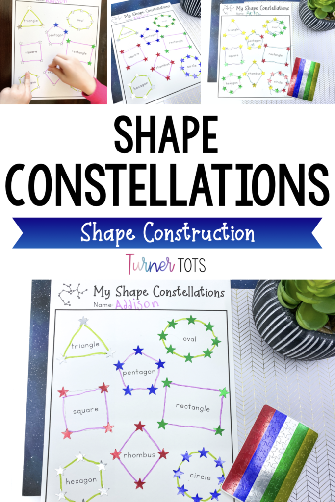 Shape constellations include a worksheet with shapes for preschoolers or toddlers to trace and add star stickers to create 2-dimensional shapes during a space preschool theme.