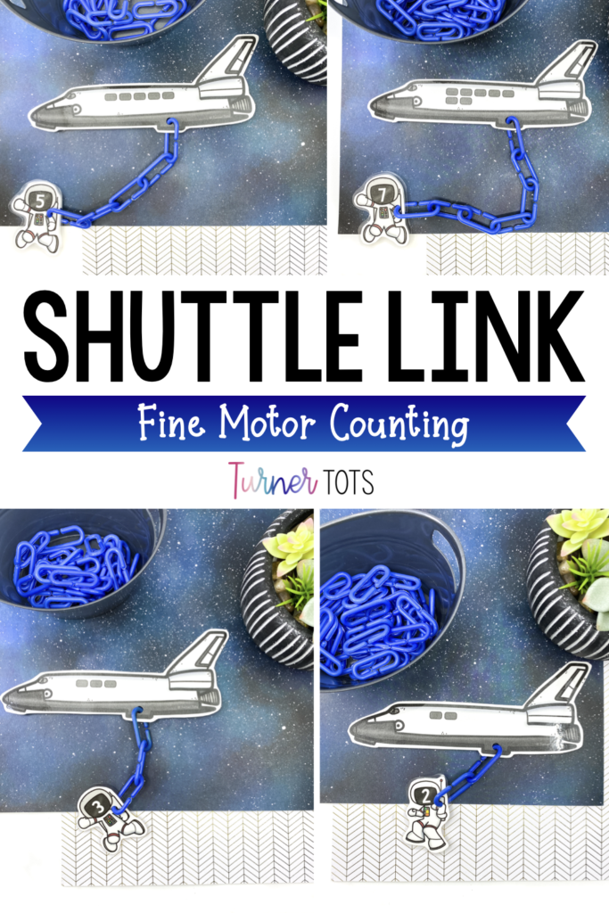 Shuttle link fine motor counting activity includes ten frames to count on space shuttles. Preschoolers or toddlers can hook a numbered astronaut to the space shuttle using linking chains to look like the astronaut is doing a space walk.