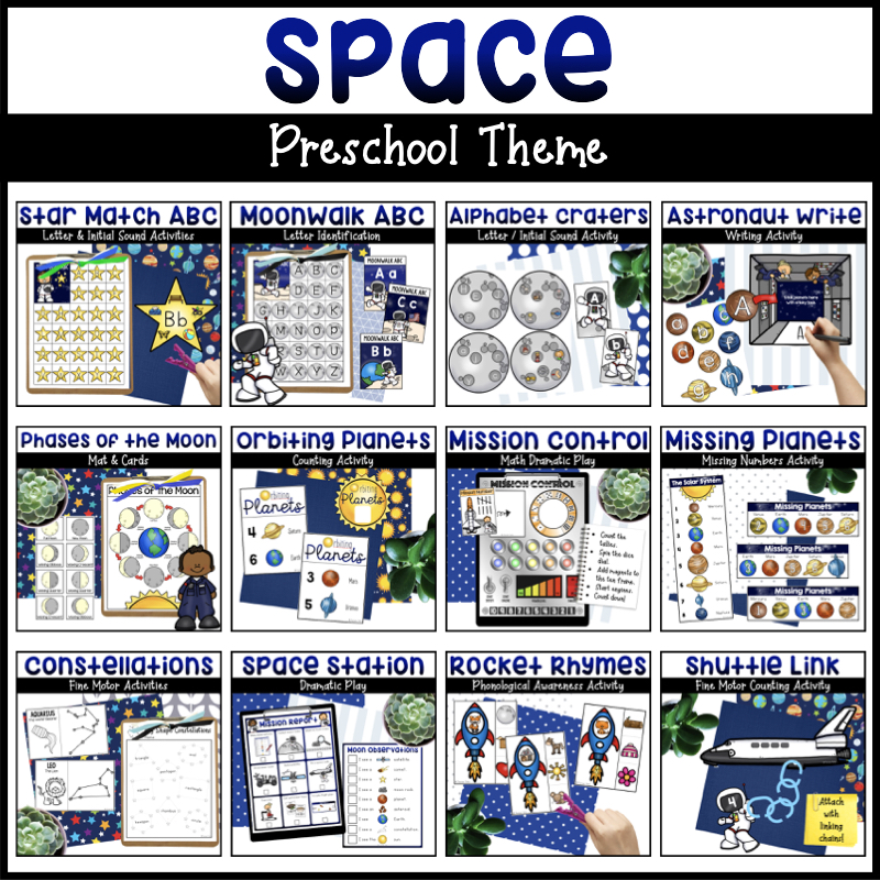 Space preschool activities bundle with math, literacy, science, and dramatic play centers.