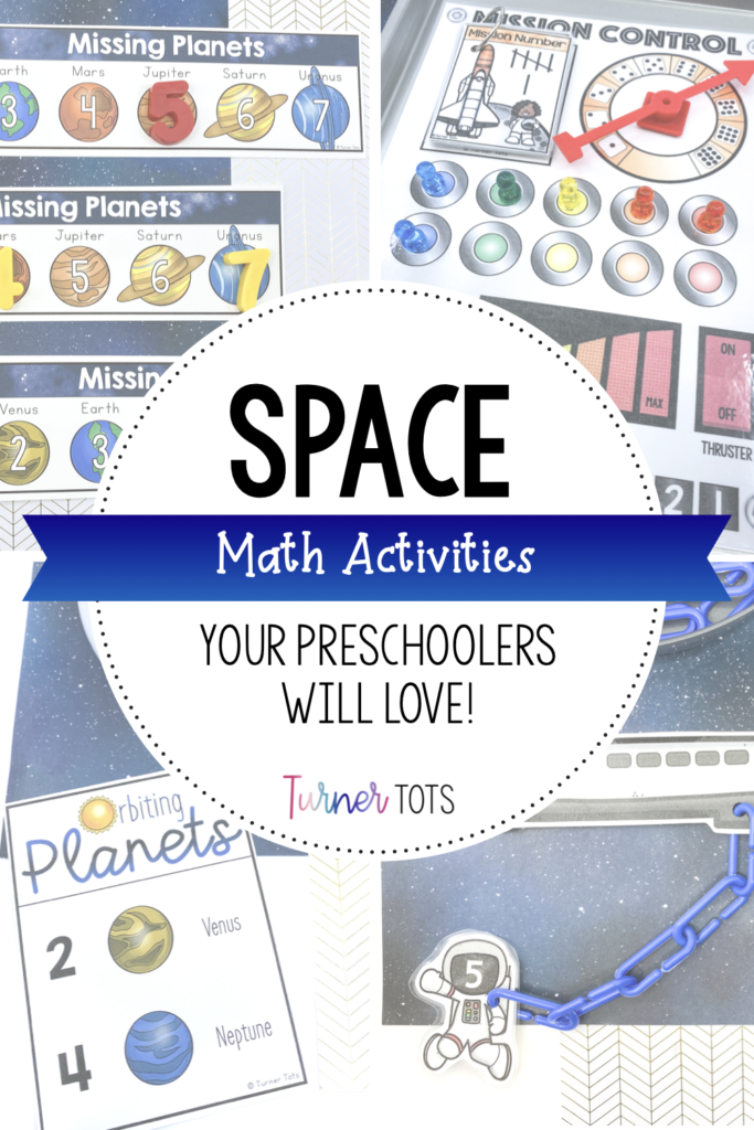 Math space activities for preschoolers with background images of a mission control math board, missing planets, counting planets activity, and a fine motor space shuttle activity.
