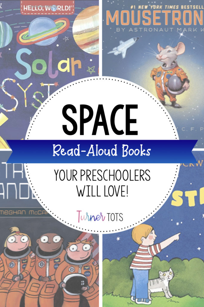 Space books for preschoolers including images of Solar System, Mousetronaut, Astronaut Handbook, and Our Stars.