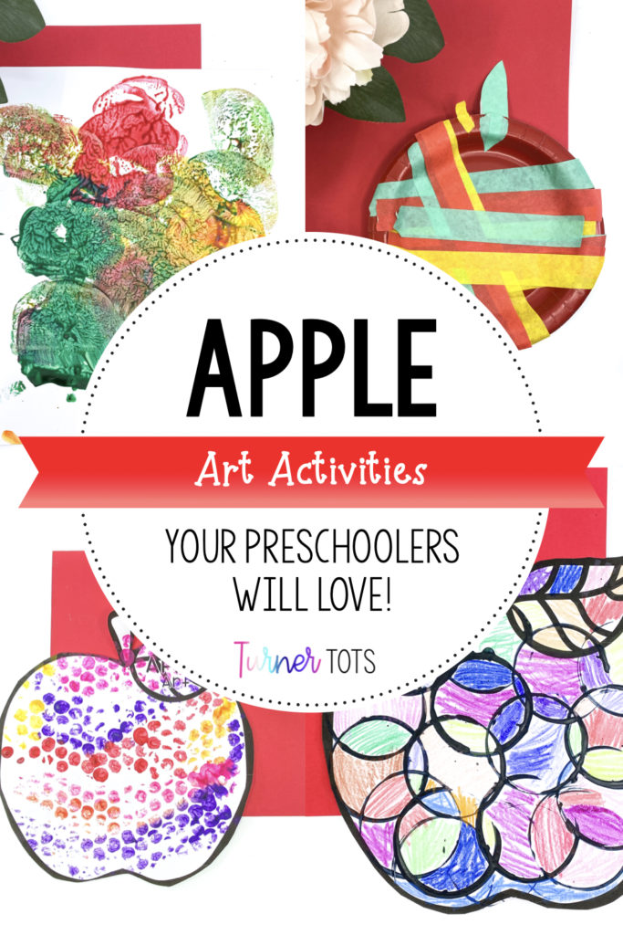 Apple art activities for preschoolers with background pictures of an apple stamp painting, apple tape art created with a paper plate, an apple painted with bubble wrap to create dots, and apple circle pop art.