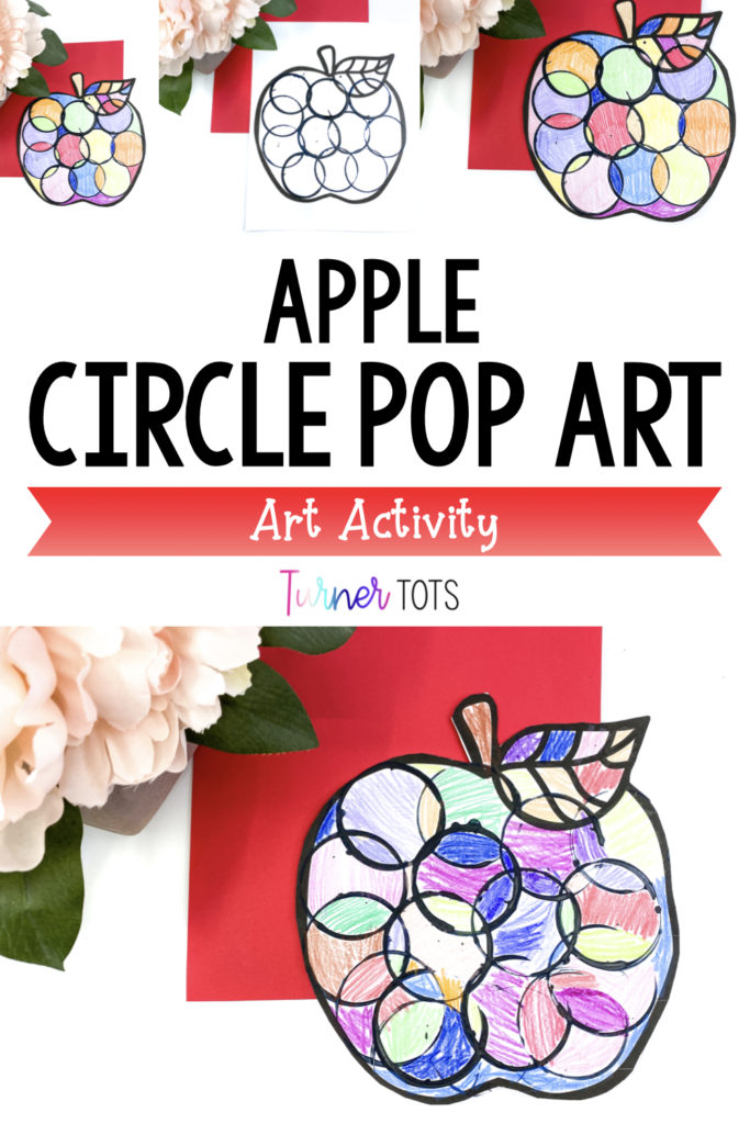 Apple circle pop art made from stamping black circles over an apple printable and coloring the circles and spaces between different colors.