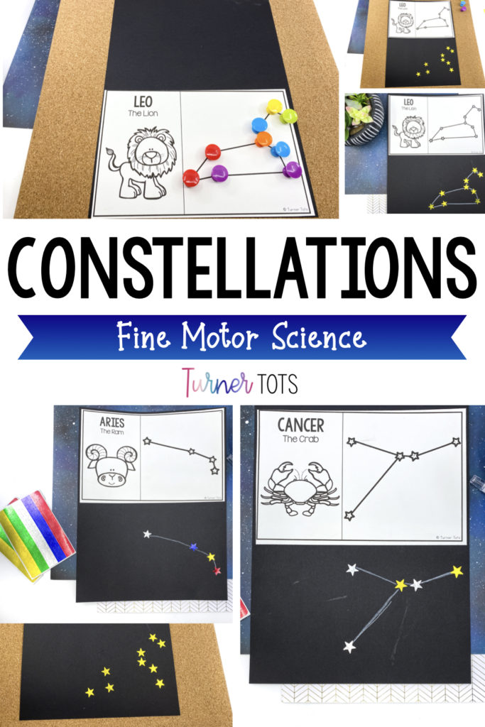 Constellations made from using push pins on top of contellation printouts on top of a cork board. Preschoolers or kindergarteners can then add star stickers and trace between the lines for the star activity.