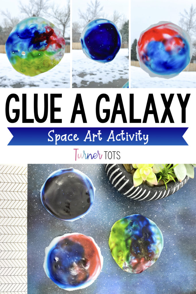 Glue a galaxy space art activity includes swirled circles made from glue and food coloring.