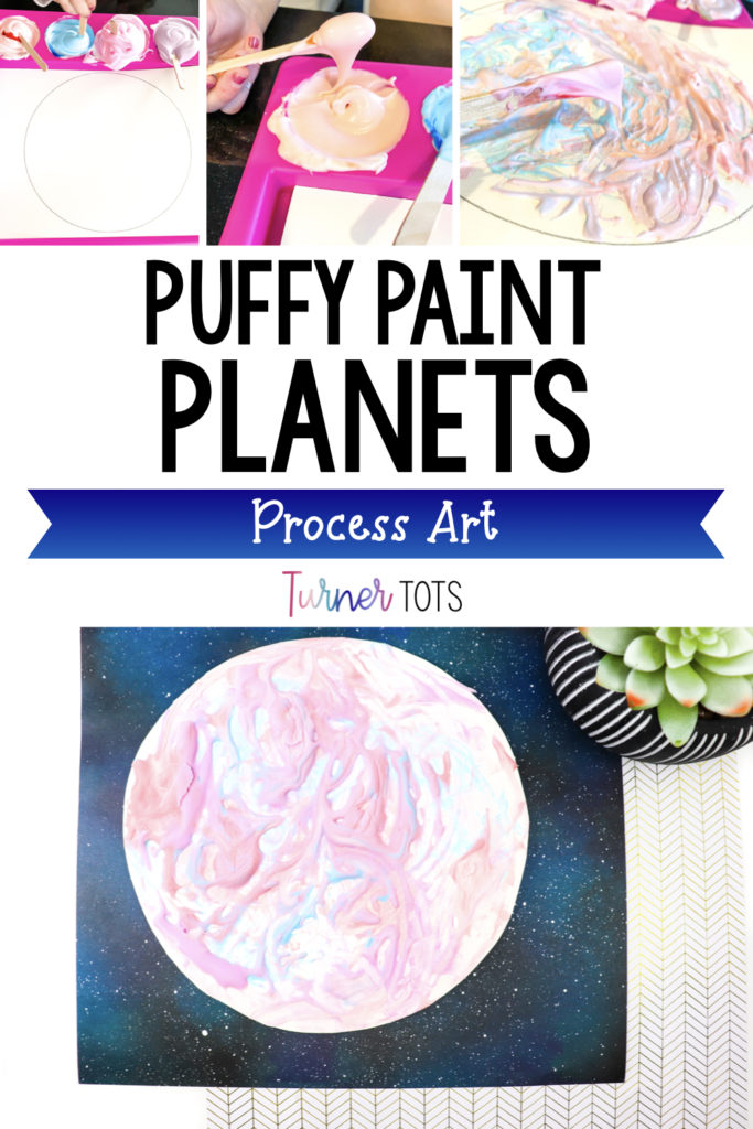 Puffy paint planets are circular paper with 3-dimensional paint on top to look like planets.