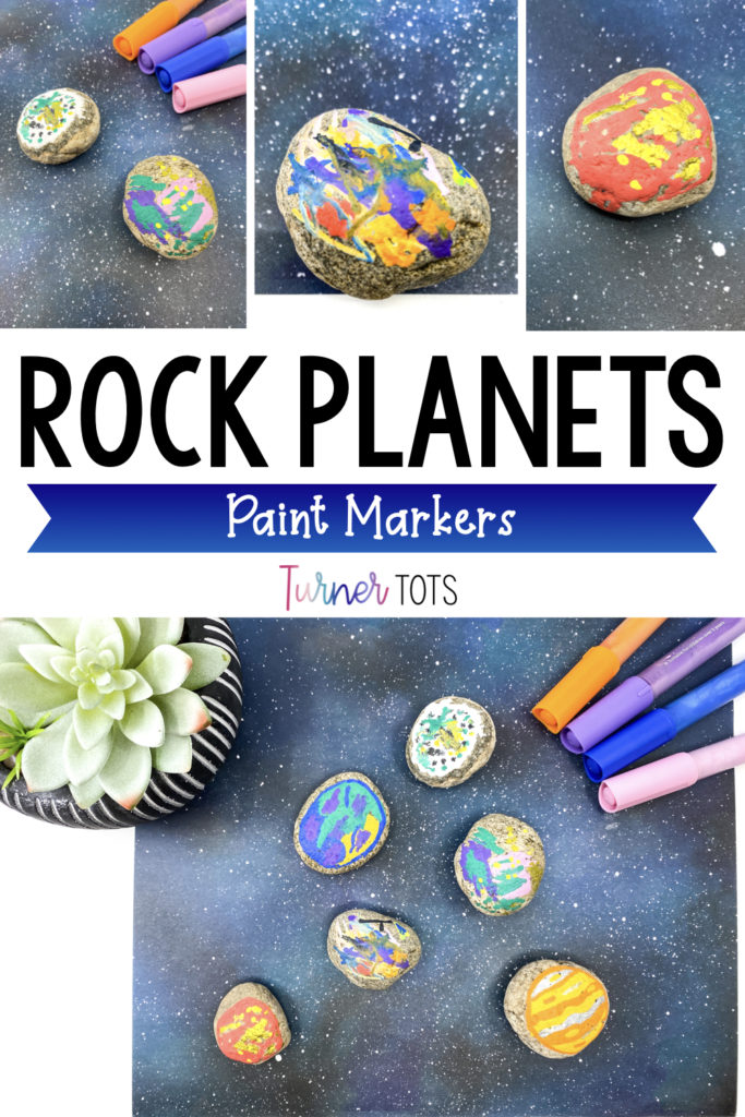 Rock planets made from mixing swirling paint markers on round rocks for a space preschool theme.