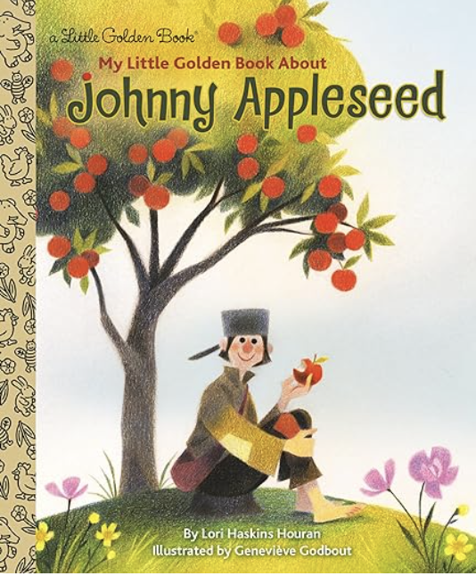 Johnny Appleseed by Lori Houran includes a picture of a boy eating an apple leaned up against an apple tree.