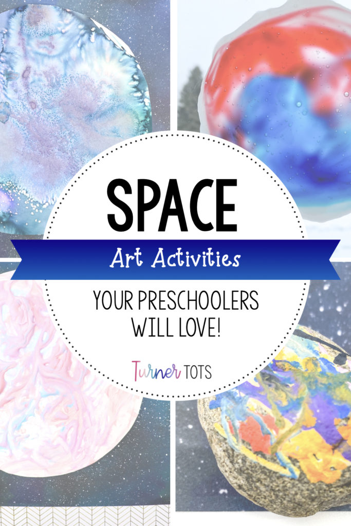 Space Art Activities with pictures of watercolor planets, puffy paint planets, glue galaxies, and rock planets.