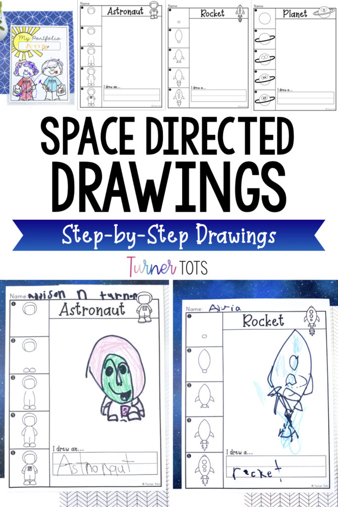 Space directed drawings include printouts with step-by-step instructions for how to draw an astronaut and rocket.