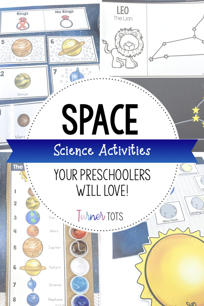 Space science activities including planet sorting cards, constellations made with star stickers, the order of the planets poster, and phases of the moon cards.