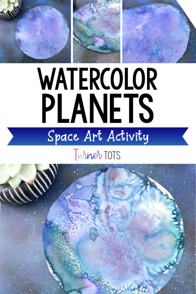 Watercolor planets includes circular paper cutouts with swirled watercolors mixed with salt.