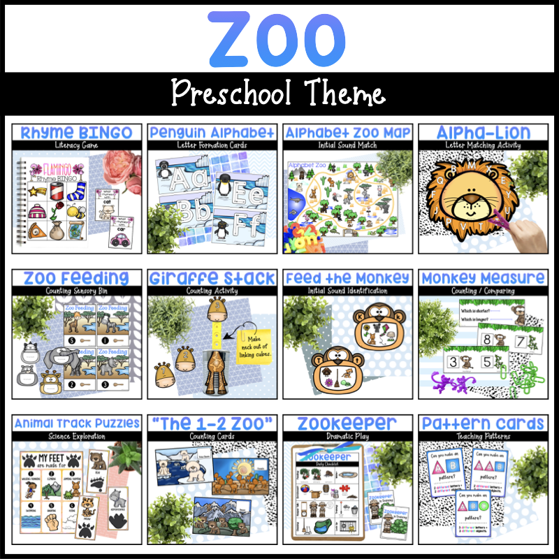 Zoo preschool activities bundle with math activities, literacy activities, science centers, and zoo dramatic play.