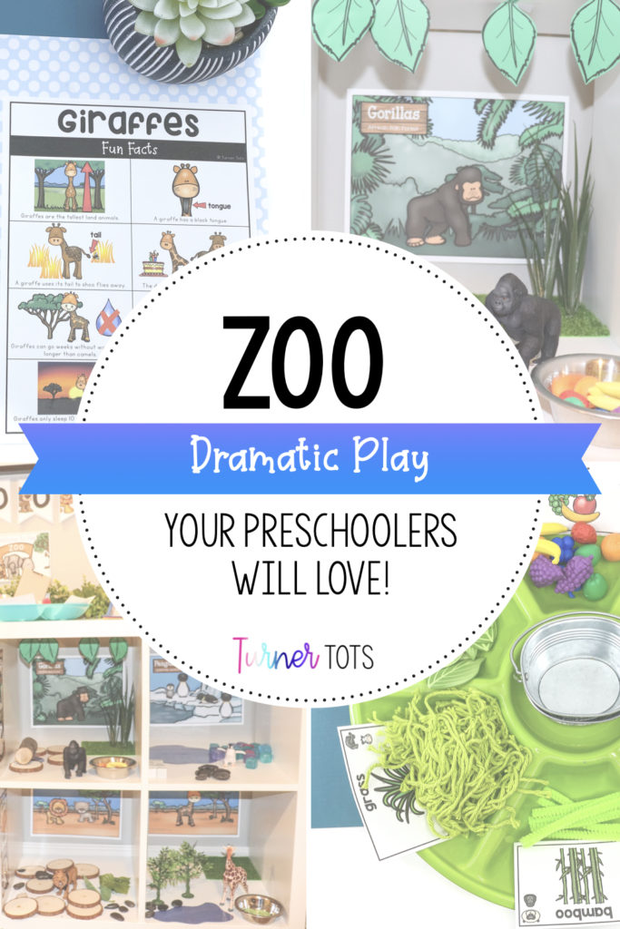 Zoo Dramatic Play Your Preschoolers Will Love with background pictures of a giraffe fact sheet, gorilla habitat, shelf with zoo animals, and pretend food tray for preschoolers to pretend to be zookeepers.