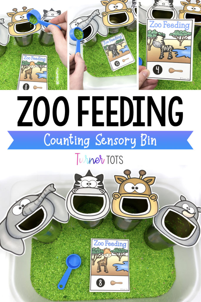 Zoo feeding counting sensory bin includes a tub full of green rice for preschoolers to scoop into printouts of zoo animals (elephant, zebra, giraffe, rhino). This zoo math activity includes numbers and pictures of each animal to make this a counting activity.