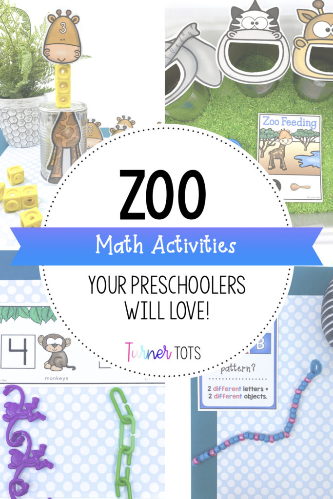 Zoo math activities for preschoolers with pictures of a barrel of monkeys for counting with green linking chains, snake patterns made out of pipe cleaners and beads, sensory bin filled with rice for preschoolers to scoop into tin can animals, and giraffes' necks made from cubes.
