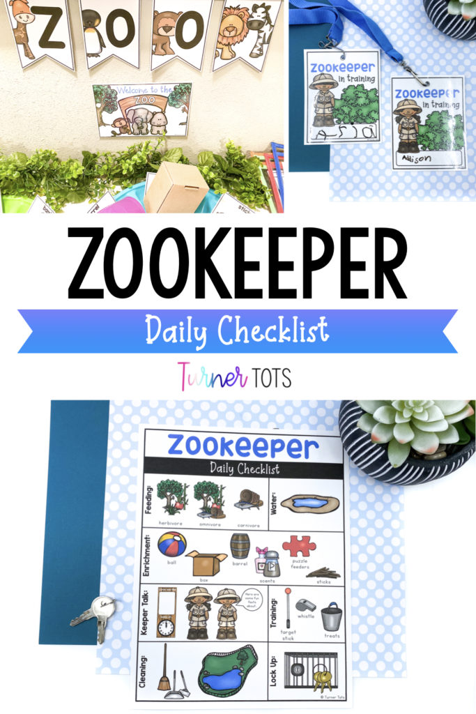 Zookeeper daily checklist includes a visual checklist for preschoolers to follow when pretending to work at the zoo. Feed the animals, give them enrichment, give a keeper talk, train the zoo animals, clean the enclosure, and lock up.