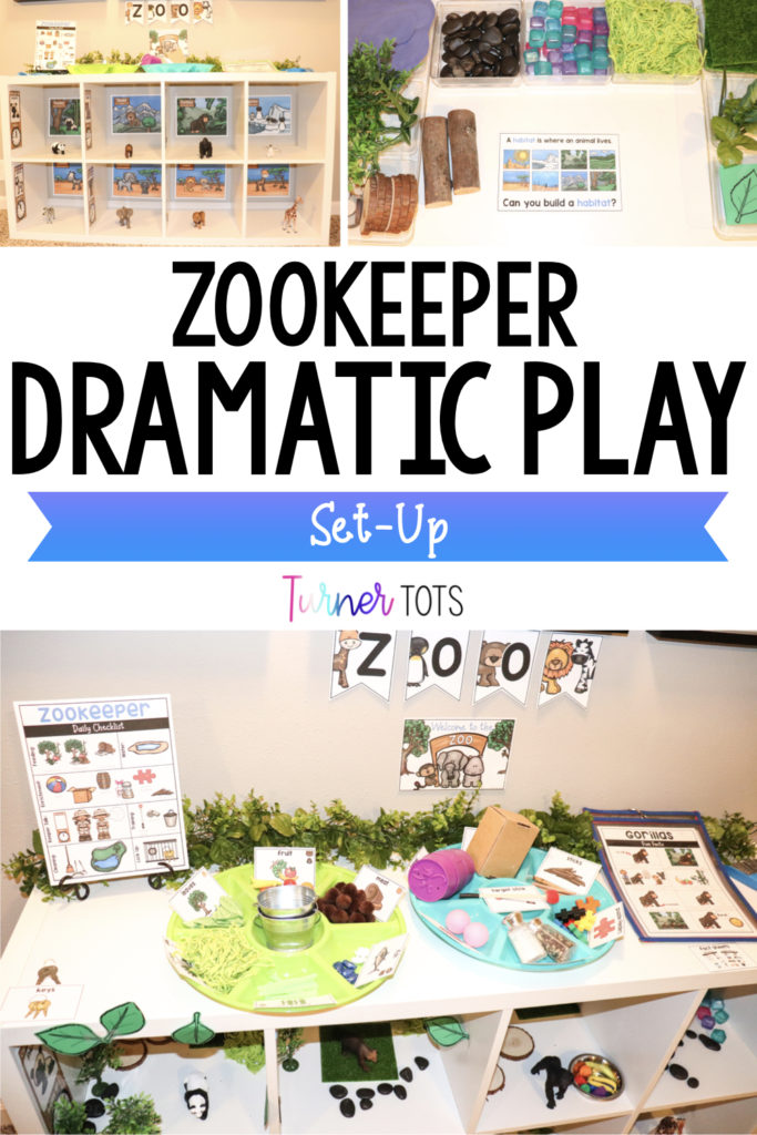 Zookeeper dramatic play center with cube shelf for zoo animal habitats, trays with pretend food and enrichement, zookeeper checklist, and table with leaves, trees, wood slices to build habitats.