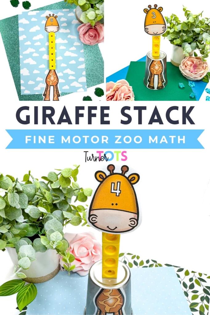 Giraffe neck stack fine motor counting activity includes a giraffe body taped onto a cup and numbered giraffe heads. Preschoolers stack snap cubes to match the number on the giraffe’s head for a zoo math activity.
