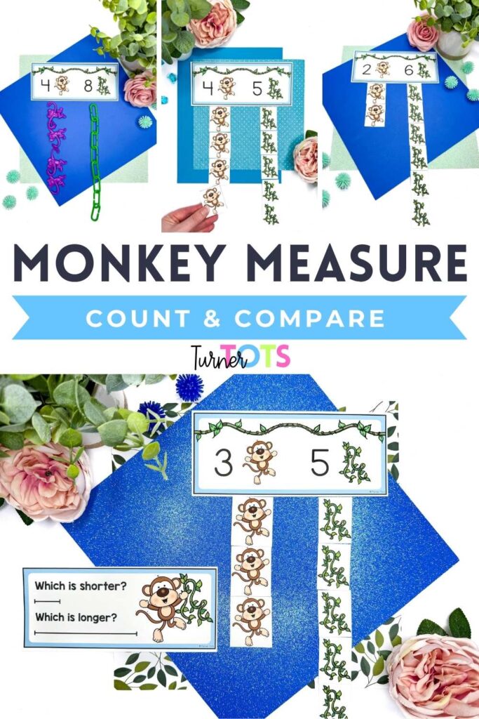Monkey measure counting and comparing activity includes a barrel of monkeys, linking chains, and numbered cards with monkeys and vines. Preschoolers hook together the matching number of monkeys and vines to compare which is longer and shorter.