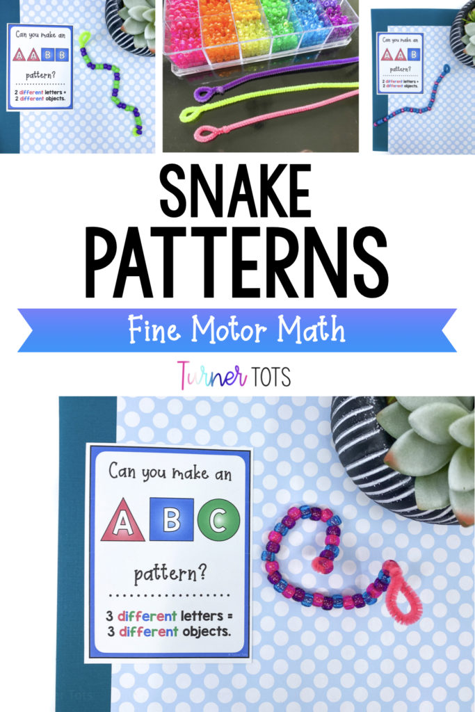 Snake patterns fine motor math activity includes pattern cards for preschoolers to make pipe cleaner snakes with beads.