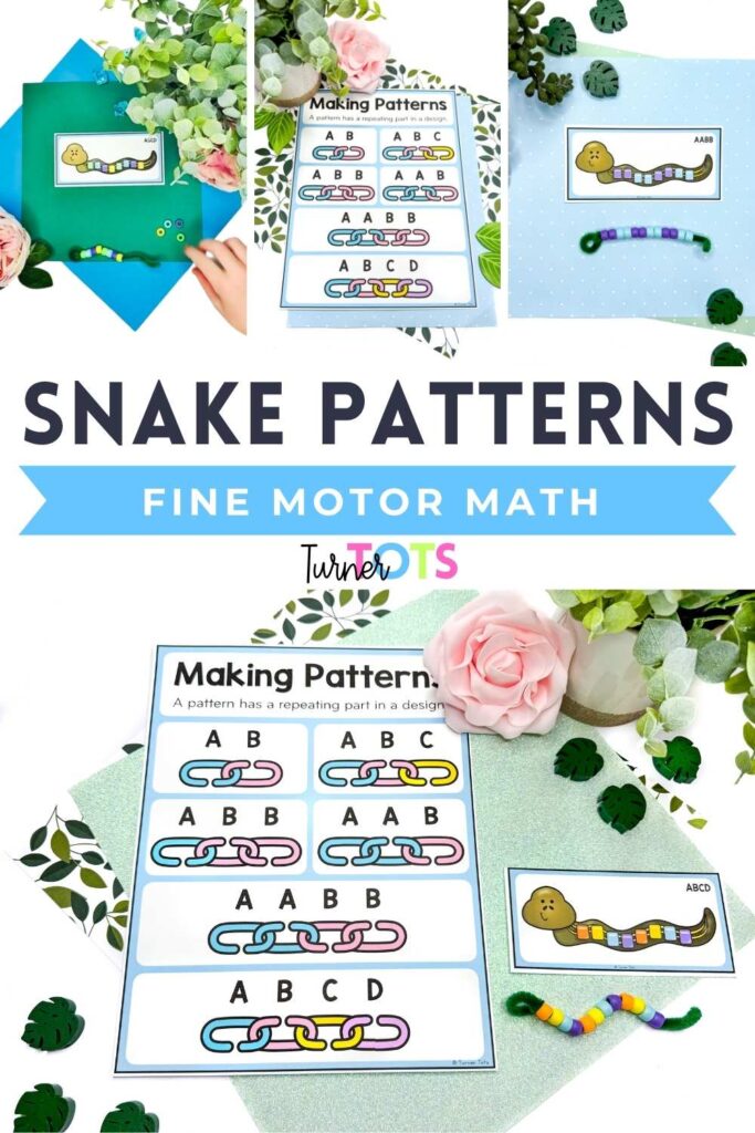 Snake patterns fine motor math activity includes pattern cards for preschoolers to make pipe cleaner snakes with beads.